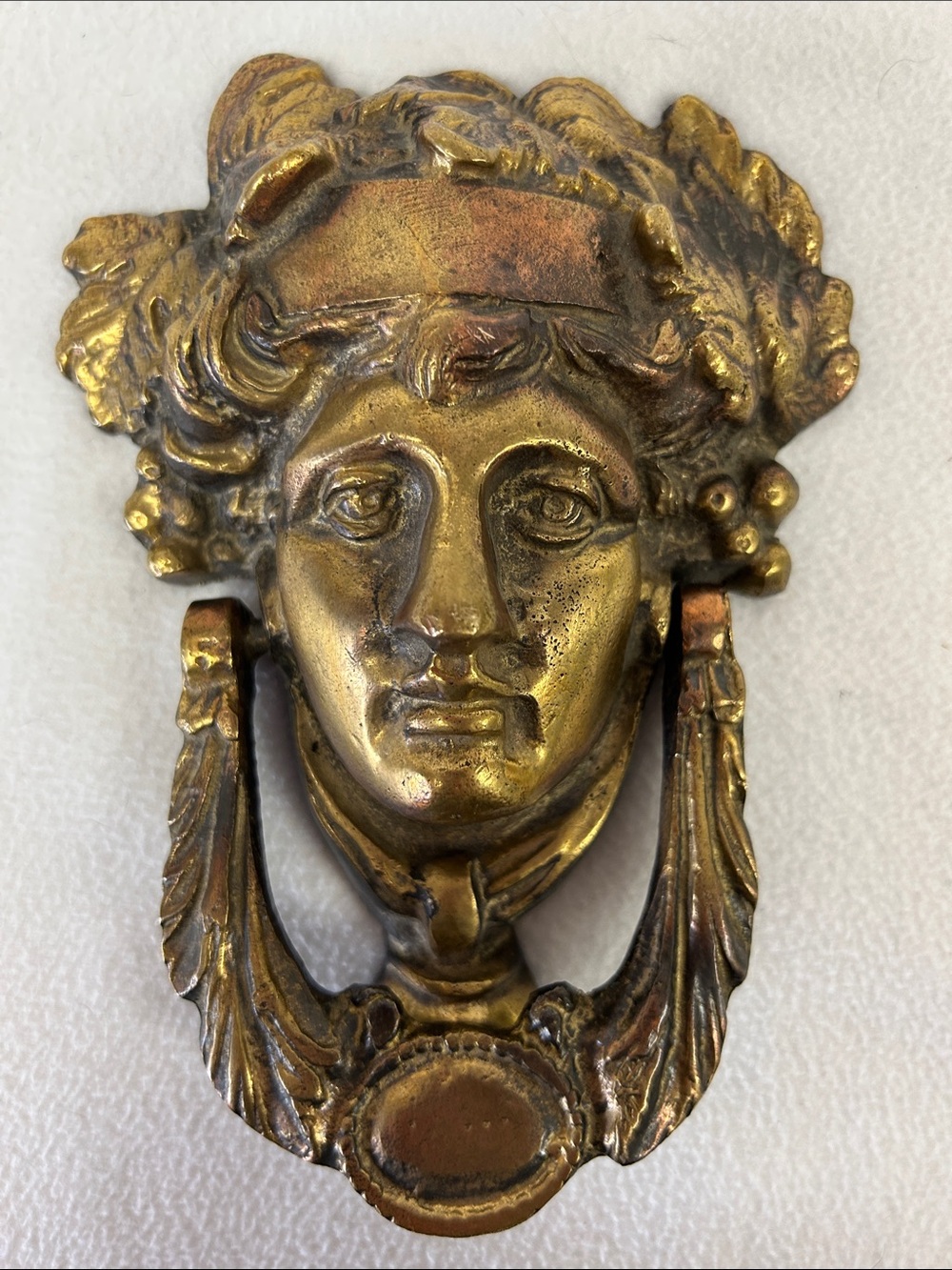 Vintage Neoclassical style solid brass face of Greek Goddess Athena door knocker